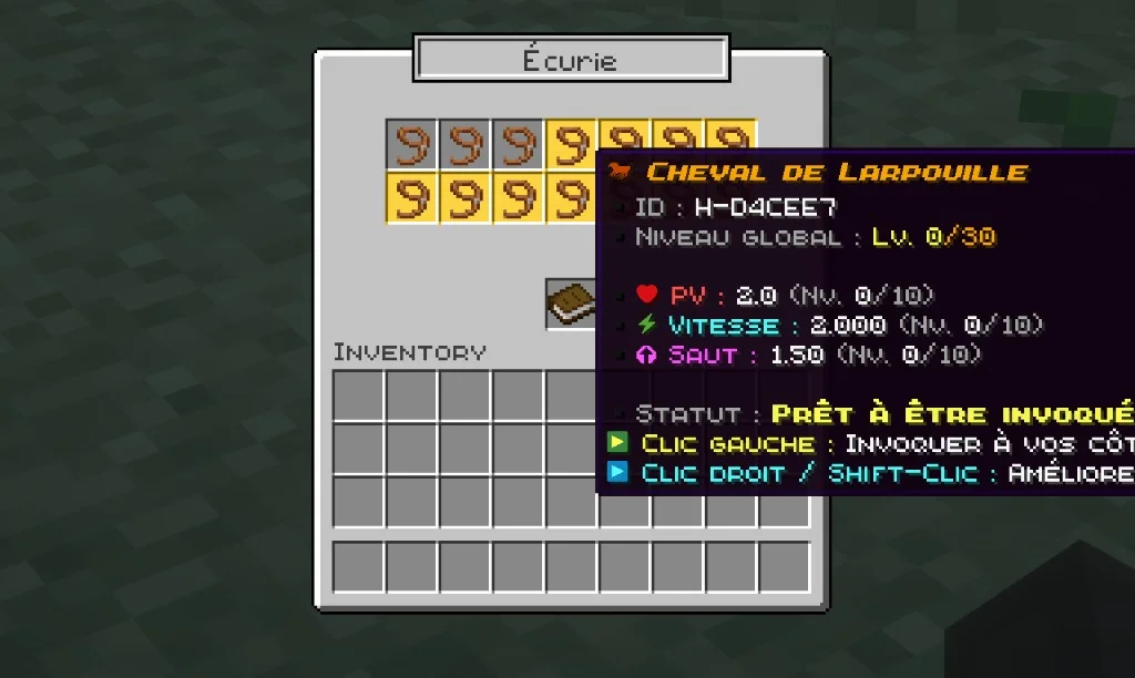 Menu Écurie : collection de chevaux, stats et invocation